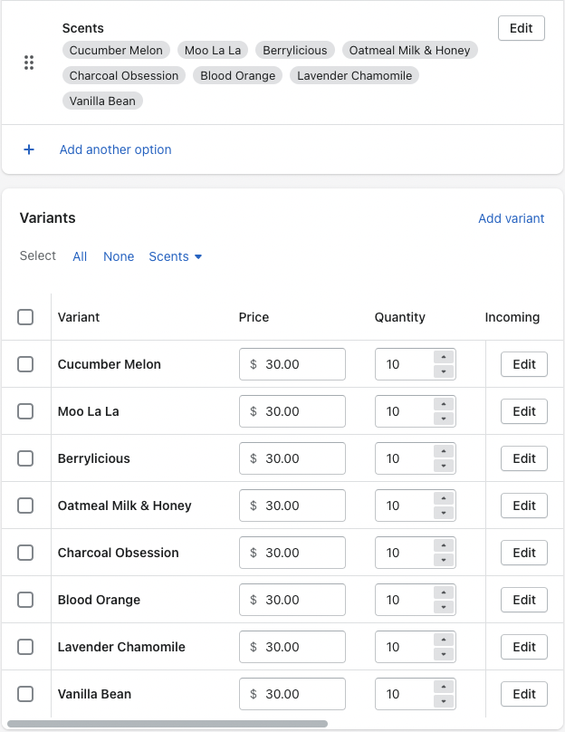 Each variant of the product has a price and quantity available associated with it